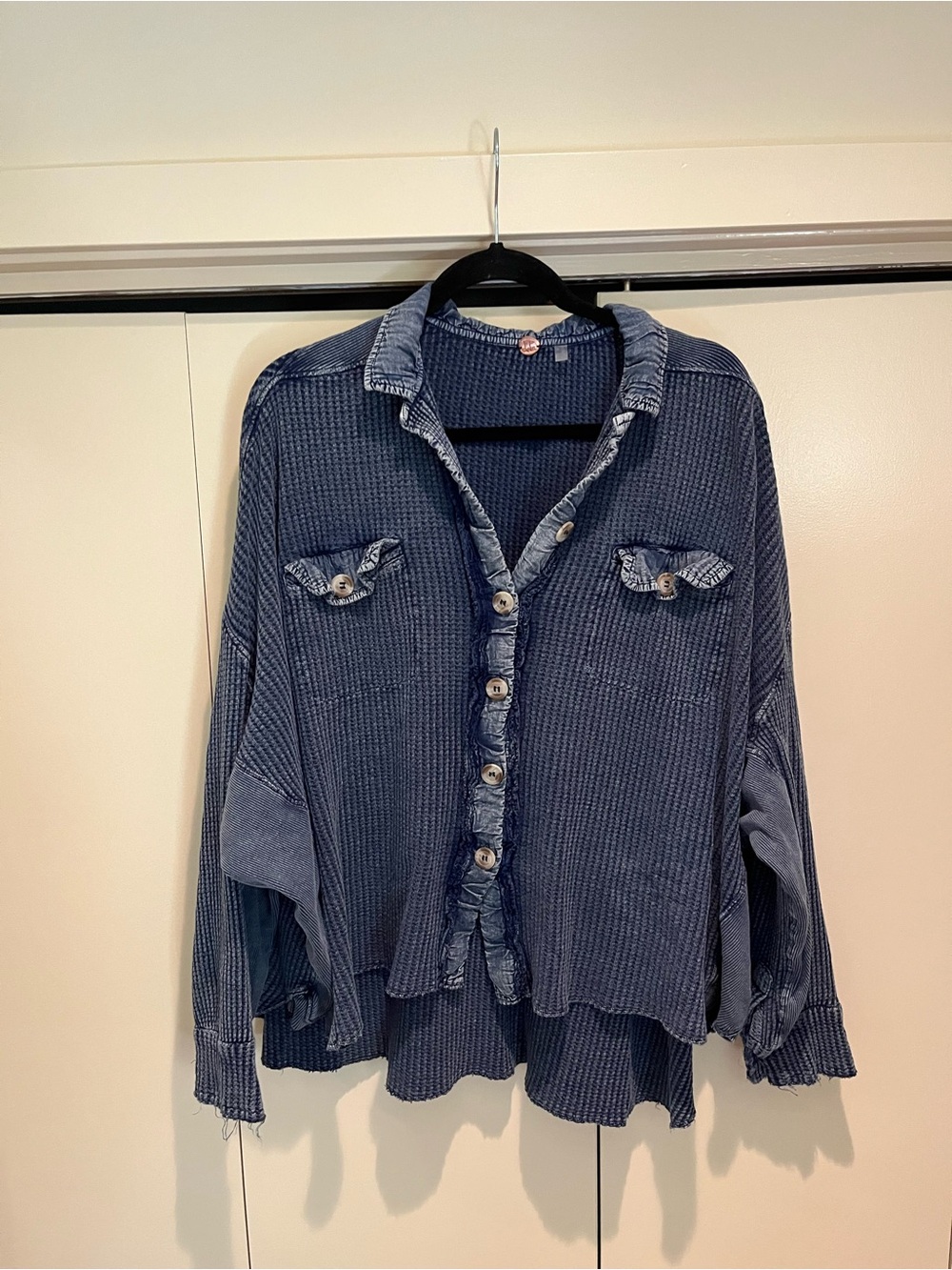Waffle Knit Button-Up Shirt Jacket in Washed Indigo